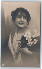 Postcard RPPC NPG Pretty Lady Woman Holding Flowers Real Photo