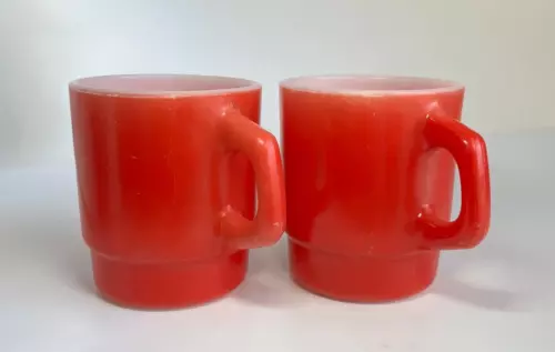 Vintage Anchor Hocking Oven Proof Red Milk Glass Coffee Mug Cup Set of 2