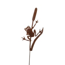 Metall Stecker. FROSCH auf Rohrkolben. Rost Gartenstecker Roststecker 63 cm.