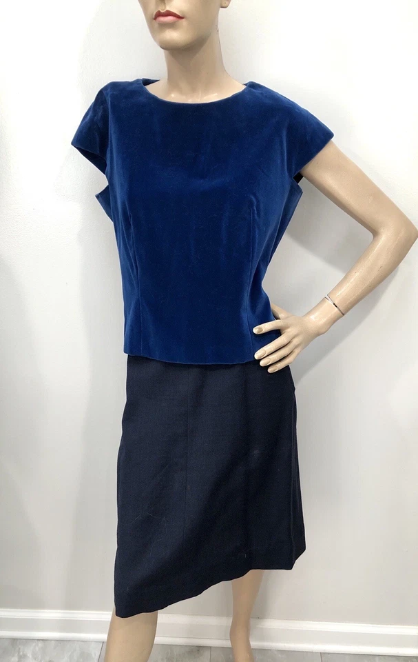 LOTE DE 4 PIEZAS) Top de colección años 50 concha de terciopelo azul, falda de lino azul marino años 40, bufandas años 60 Foto 3 de 4