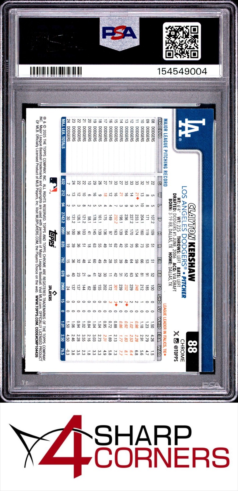 2025 TOPPS CHROME #88 CLAYTON KERSHAW PSA 10 view 2