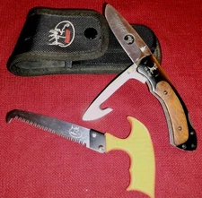 RMEF saw sheath & Elk Ridge 2-blade folding hunting knife, gut hook, good cond.