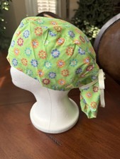 Green With Multicolor Round Designs Ponytail Scrub Hat