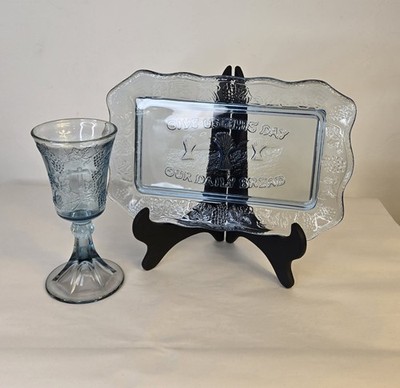 VTG TIARA Blue ''Give Us This Day Our Daily Bread'' Platter ''Last Supper'' Goblet 
