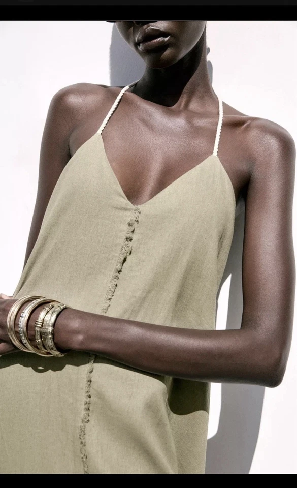 Zara Beige Linen Maxi Dress M Regular Strappy Sleeveless V-Neck Backless - Image 2 of 4