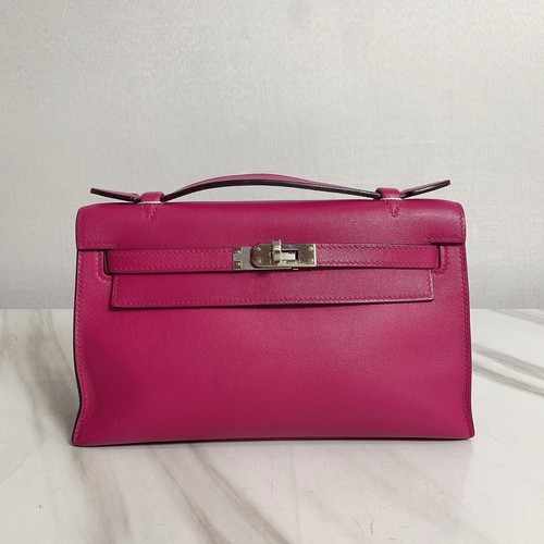 AUTH Hermes Kelly Mini I Rose Purple Silver Hardware Top‑Handle Handbag