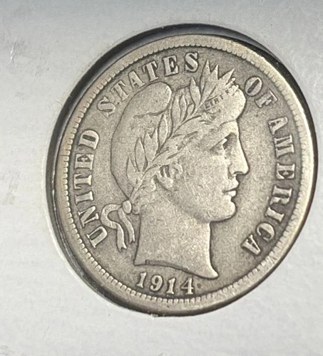 1914-P SILVER BARBER DIME, FULL LIBERTY, VF DETAILS, FREE SHIPPING