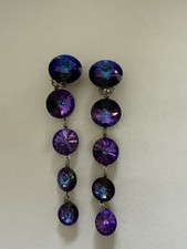 Vintage 80’s Fashion Clip-on Earrings Glass Crystal Like Stone In Purple & Blue