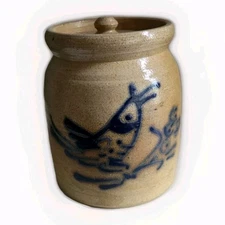B Stebner Hartville OH Salt Glazed Cobalt Blue Stoneware Crock Jar W/lid Signed