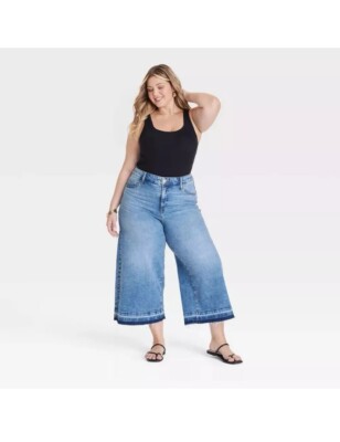 NWT Women's High-Rise Cropped Wide Leg Jeans Stretch Ava & Viv Light Wash Sz 22