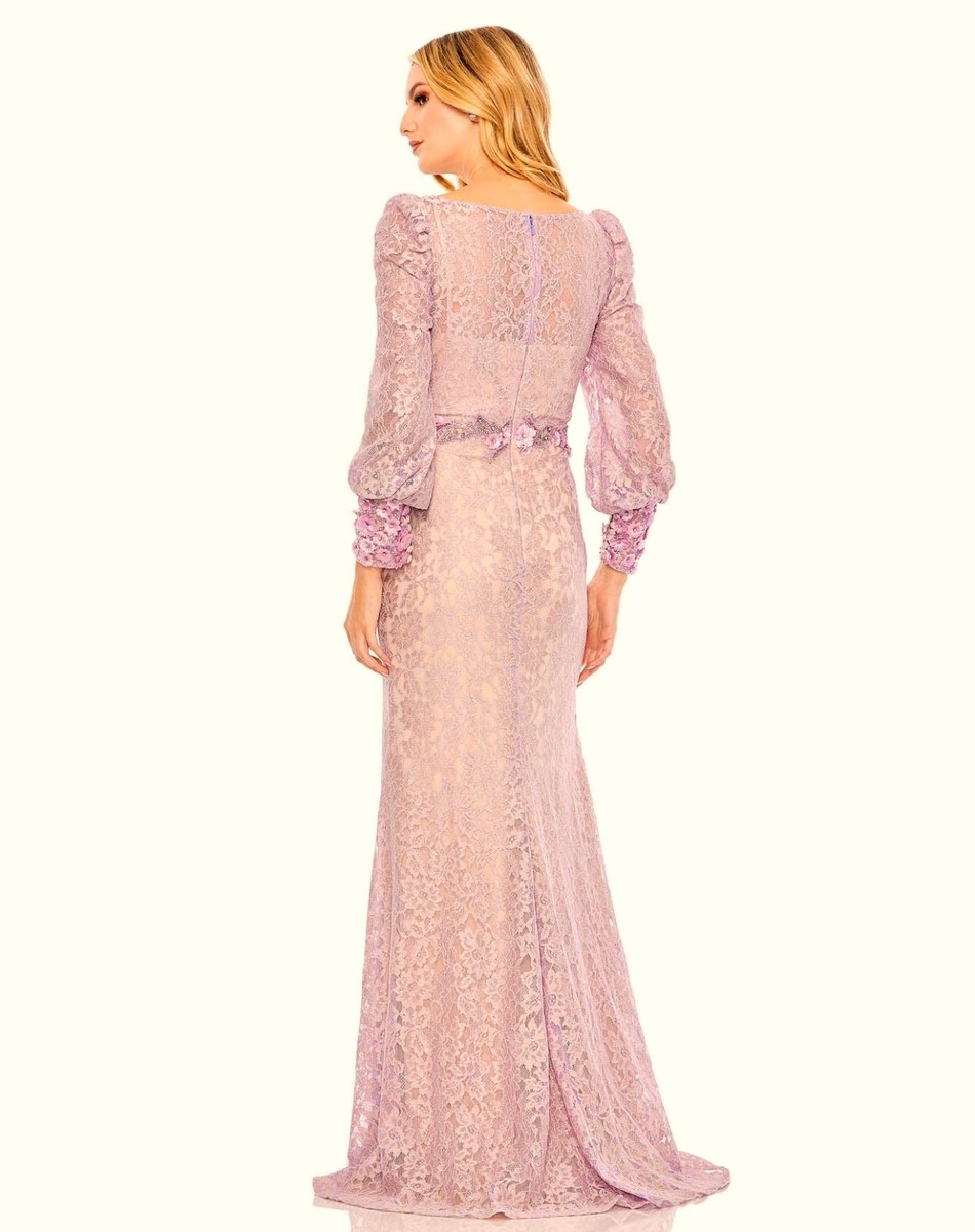 Mac Duggal Vintage Lilac Beaded Detail Lace Long Sleeve Gown Size