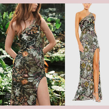 NWT $698 Mac Duggal [ 4 ] 49574 Embellished Floral One Shoulder Gown Black J277
