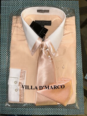 Villa D' Marco Men's Peach Sz L Neck 16-16.5 Chest 34/35 With Tie & Square  New