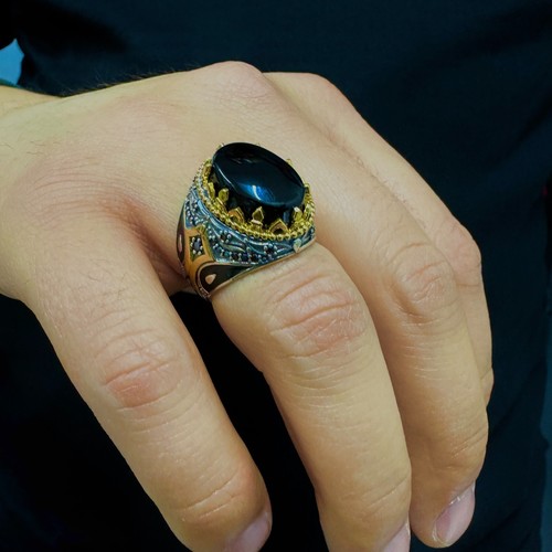 925 Sterling Silver Black Enameled Onyx Stone Turkish Handmade Men's Ring - Picture 3 of 4