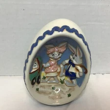 VTG 1976 Easter Egg Byron Molds Ceramic Diorama Bunny Rabbit Family &Chick