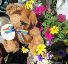 VINTAGE MOHAIR TEDDY BEAR APRICOT SPICE ARTIST TERRI ALTHERR RAINBOW RIBBON 8"