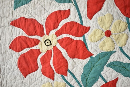 GORGEOUS Vintage 30's Poinsettia Bouquet Applique Antique Quilt ~DENSE QUILTING! - Picture 5 of 8
