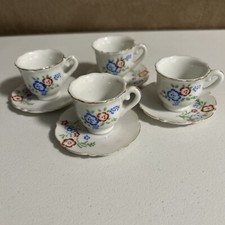 Vintage Miniature Teacup/Saucer Set Of 4 White With Blue  Red Flowers Gold Trim