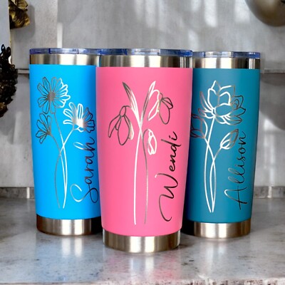 Personalized 20oz Tumbler with Straw, Laser Engraved Cup, Custom Name & Flower