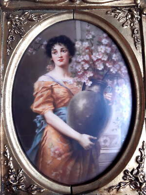 Gemälde auf Porzellan: Frau mit Krug, Kirschblüte, Ambrosius Lamm Dresden, sign.