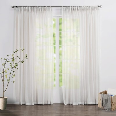 LANTIME White Semi Sheer Curtains -Pleated Window Sheer Curtain -52x102 Set of 2