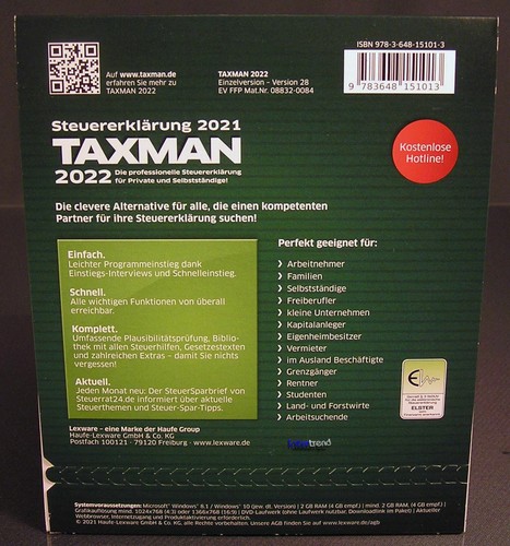 Lexware Taxman 2022 version complète boîte + DVD année d'imposition 2021 + manuel d'imposition NEUF - Photo 5/11
