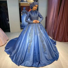 Plus Size Muslim Blue Lace Beaded Wedding Dresses High Neck Long Sleeves Gowns