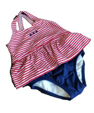 Swimsuit Gymboree Swim Diaper Cover 1-piece Girls 12-18m Red White Stripes Skirt