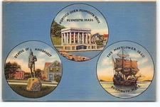 Massasoit Statue Portico Plymouth Rock Mayflower MA Linen Postcard Vtg Unposted