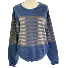 Vintage 80's Saturdays Sz M Pullover Long Sleeve Sweater Blue Tan Striped Design