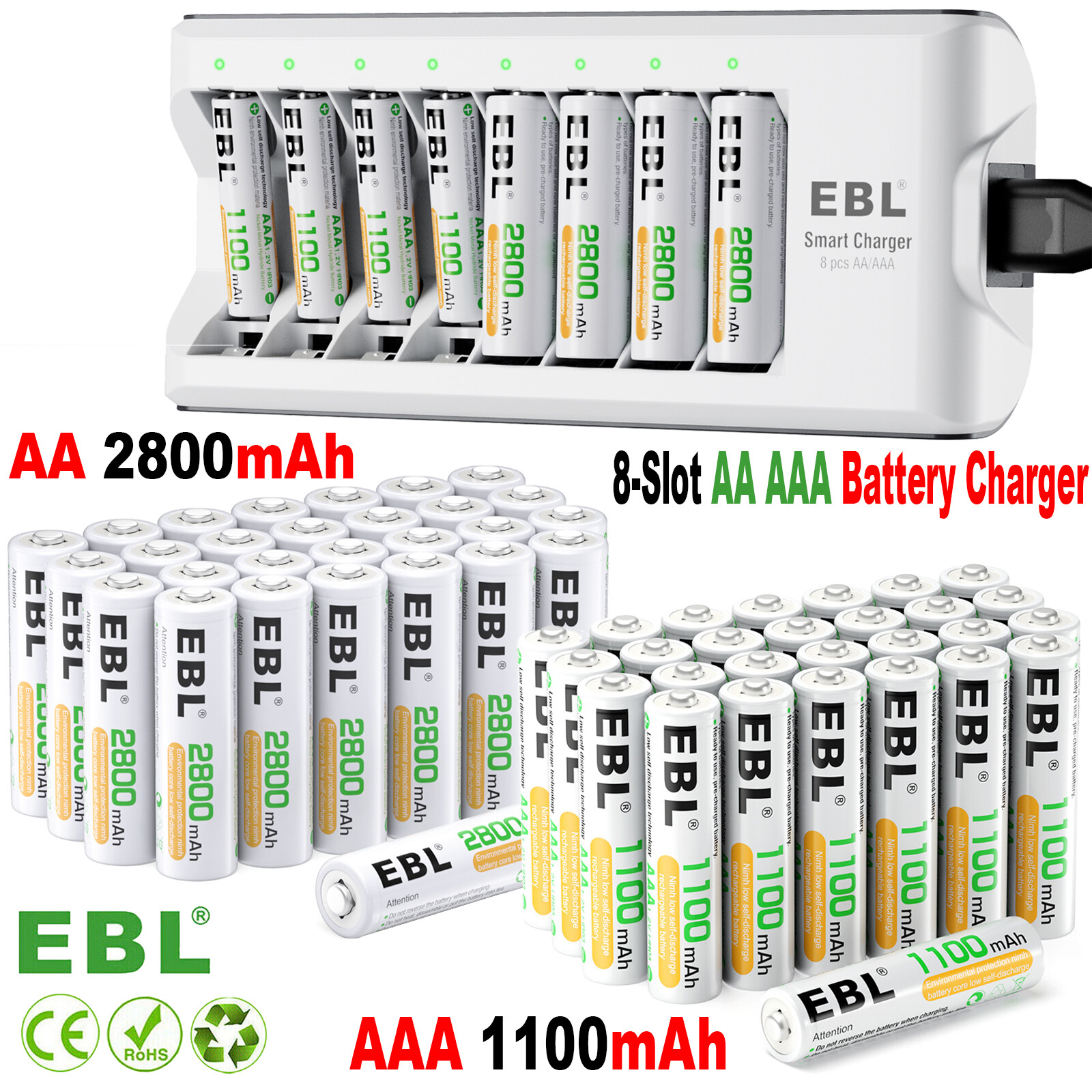 EBL AA AAA Rechargeable Batteries Ni-MH 1100mAh 2800mAh / Battery Charger Lot-image