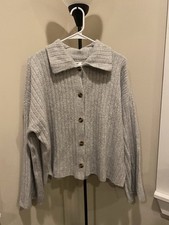 Aerie Size Medium Unreal Ribbed Cardigan Sweater Heather Gray