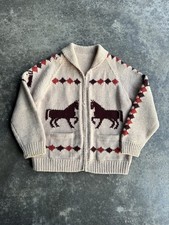 VTG Cowichan Sweater Horse Pattern Hand Knitted Wool Jacket Rare Design Western