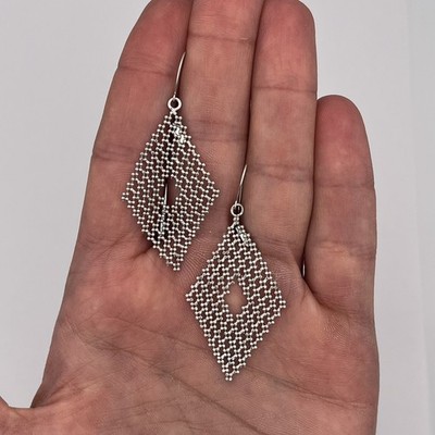 14K Weißgold Perlen Kette Mesh Hänger Draht Ohrringe 2,25'' hoch ITALIEN