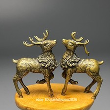 China Folk Old Copper Bronze Handmade Sika Deer Small Statue Pair Wn031