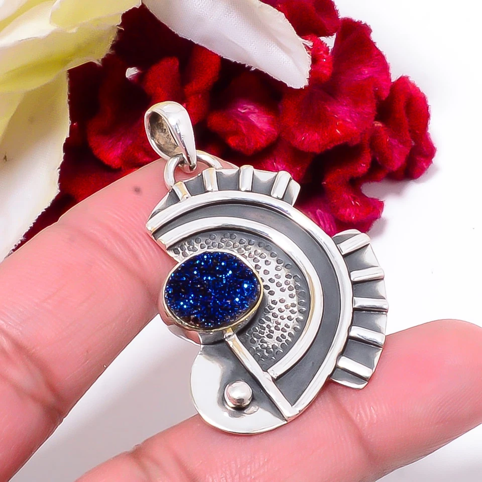 Colgante eléctrico azul titanio ágata druso plata esterlina 925 pez 1,87 Sku41 Foto 3 de 4