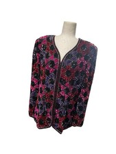 VTG Niteline Della Roufogali Silk Sequin Beaded Jacket Black Pink Old Money Sz M