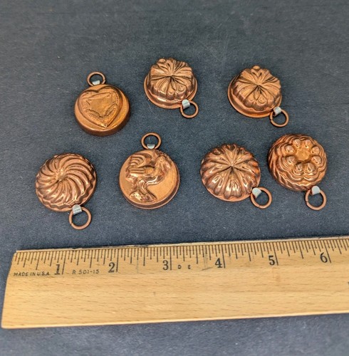 7 Copper Miniature Doll House Bundt Cake Mold Pan Lot Vtg Rooster Heart Bird