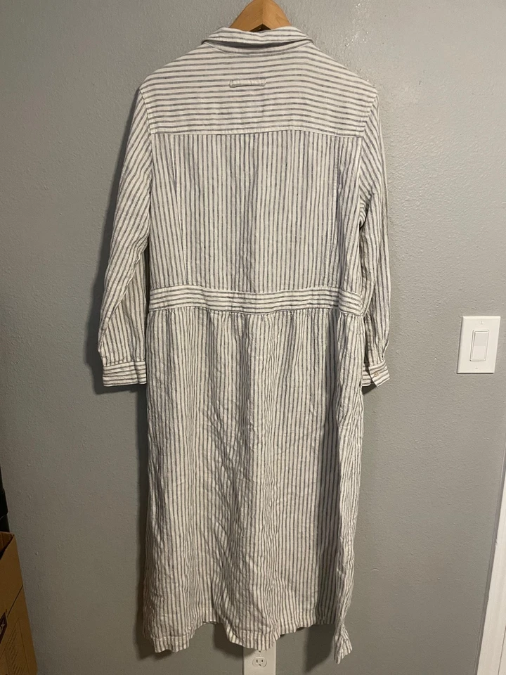 Poetry Dress Womens 12 Blue White Striped Linen Button Front Collared Midi UH92 - Image 3 of 4