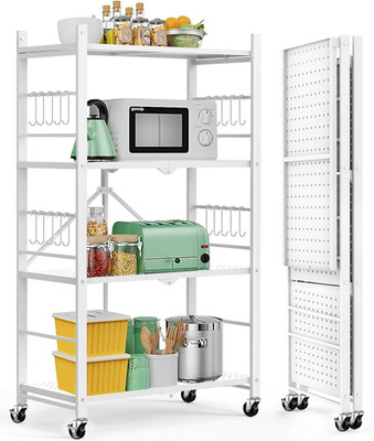 Storage Shelves with 20 Hooks, 4-Tier Foldable Shelves for Storage, Folding Shel