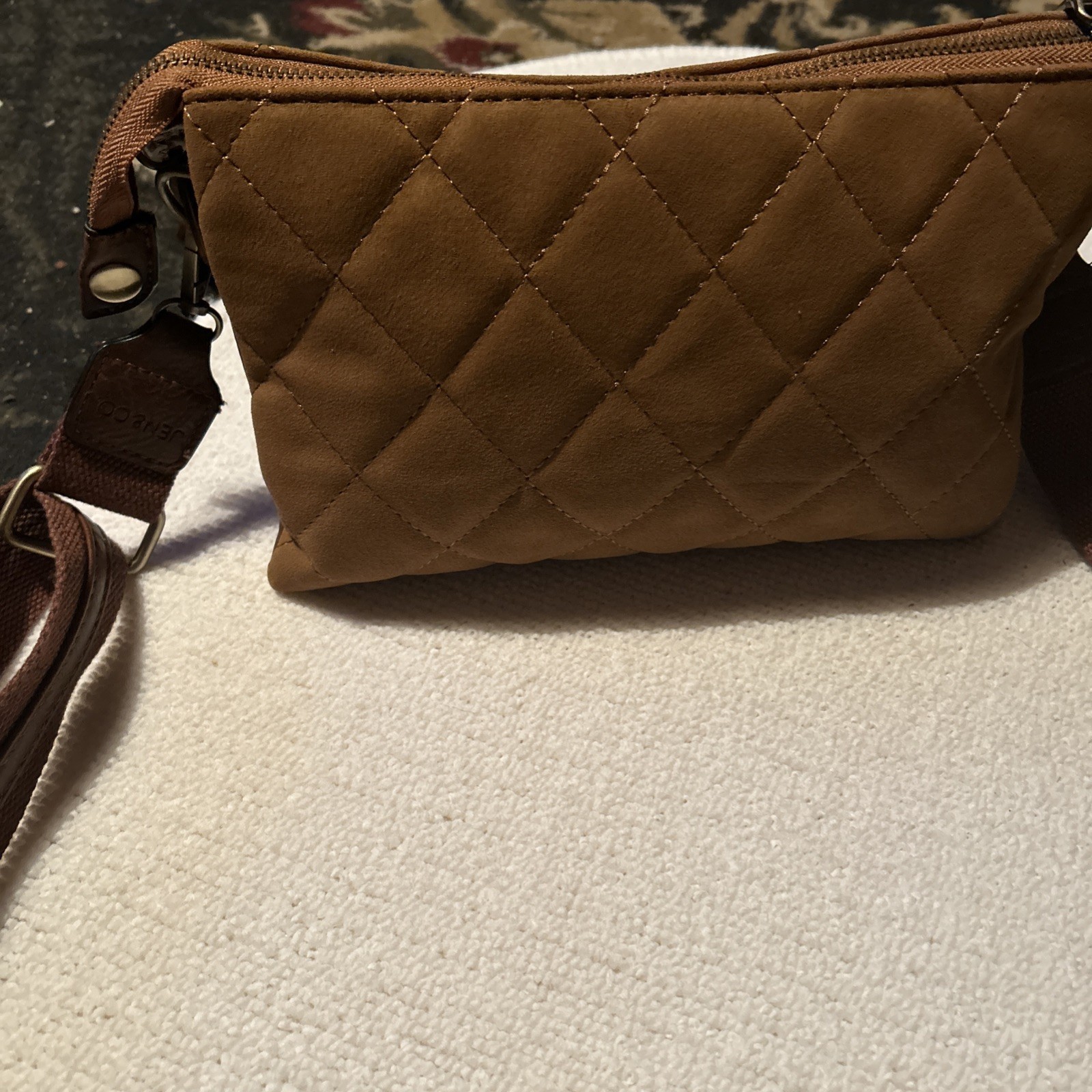 Jen & Co Brown Quilted Bag With Canvas And Leather Strap Adjustable / Removable