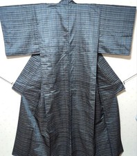 Boro Japanese Kimono Aged Textile Robe Dark Blue Checkered Tsumugi Silk Japan