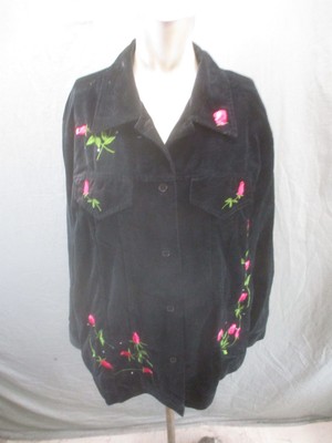 Quacker Factory Size L Womens BLK Cotton Velvet Button Up Embroidered Blazer 301