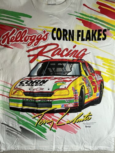 T-shirt vintage 1996 NASCAR Terry Labonte Kelloggs stampa all over uomo XL NOS - Foto 5 di 10