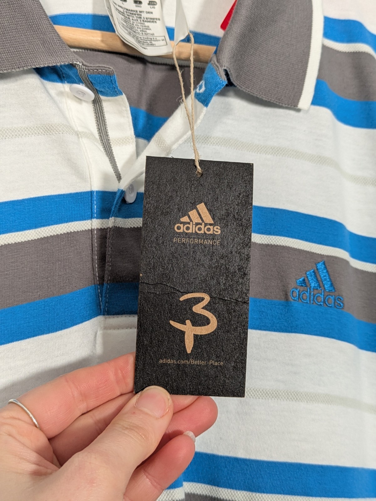 Adidas Large Blue White Striped Short Sleeve Cotton Polo Shirt thumbnail 6