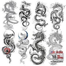 TASROI 8 Sheets Cool Temporary Tattoos for Men, Women, Adults - Black Dragon
