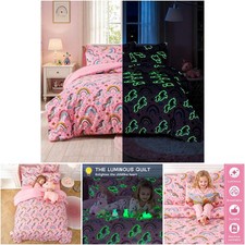 Kids Comforter Set Full Size Glow in The Dark Pink Unicorn 4 Piece Bedding