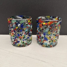VTG Set of 2 Confetti Low Ball Glass Tumblers Thick Hand Blown Textured Recycled
