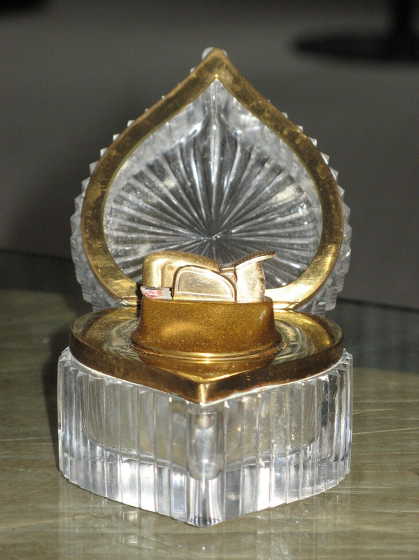 Vtg.  France Evans Cut Crystal & Bronze Heart Shape Table Cigarette Lighter 3x3
