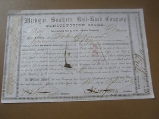 1855 MICHIGAN SOUTHERN RAILROAD COMPANY Stock Certificate CONSTRUCTION